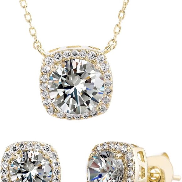 Stud Halo Cushion Shaped Earrings for Women and 18 Inch Necklace for Women Jewel - Picture 1 of 7